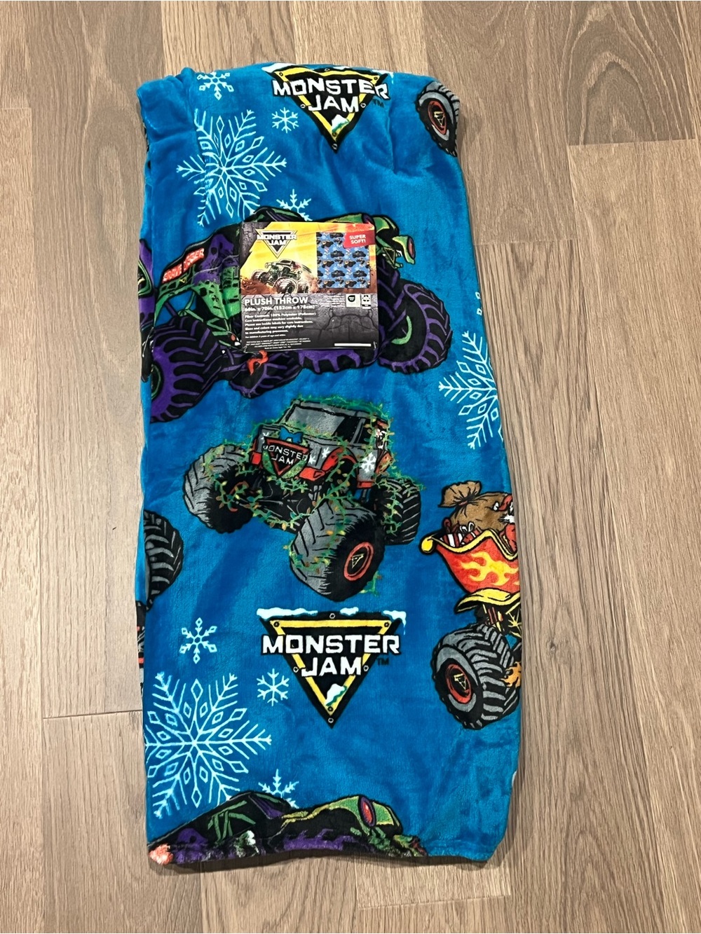 MONSTER JAM Blue Christmas Plush Throw Blanket 60x70 Truck Santa Gravedigger NWT